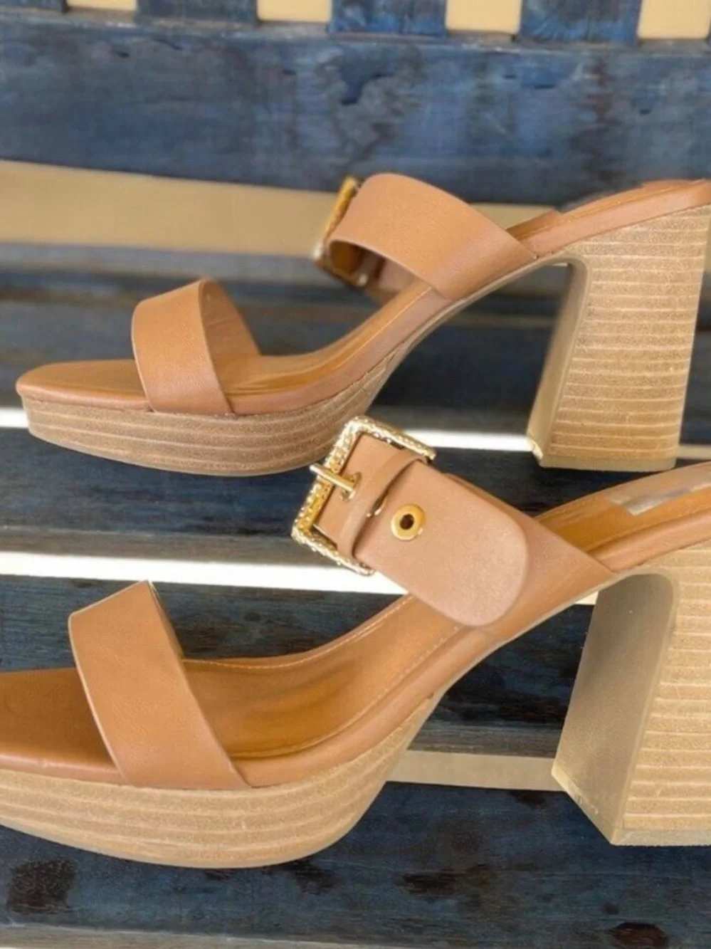 DOLCE VITA Platform Sandal 10 US Beige PU Leather Block Heel Slip-On Brown Shoes